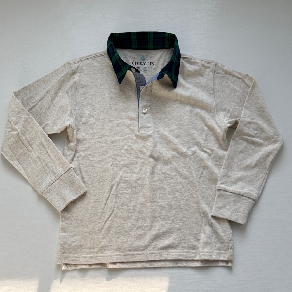 Crewcuts Beige Polo with Tartan Plaid Collar
